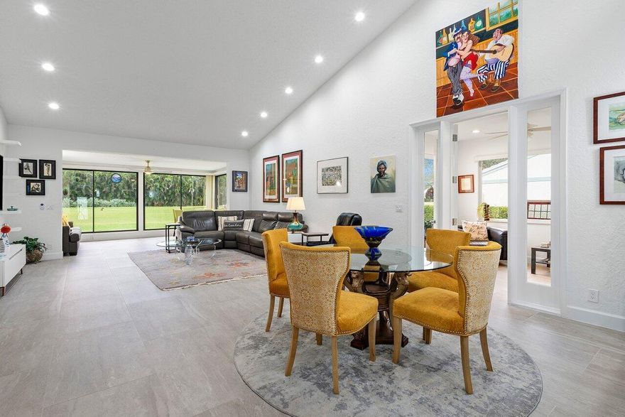 Situated on a quiet tree lined cul-de-sac with panoramic western views of the golf course, this stunning villa presents a golden opportunity for the discerning buyer. Exquisitely remodeled in 2021, this home offers an open-concept floor-plan with 2 bedrooms plus a den and separate office space across 2300sf. Notable features include large format porcelain tile throughout, designer fixtures & LED lighting, vaulted ceiling, gourmet style kitchen with custom cabinetry, quartz counters, under-cabinet lighting and stainless steel appliances. The spacious primary retreat boasts multiple walk-in closets and a spa-inspired bathroom with gorgeous seated shower, dual vanity, and so much more! BRAND NEW ROOF just completed.(October 2023.) Make this your home at Hunters Run today! Enjoy the best of country club living at Hunters Run, featuring 53 holes of championship golf, 18 har-tru tennis courts, 12 pickleball courts, resort style clubhouse and pool, salon and spa, TechnoGym Fitness Center, multiple dining venues and so much more.