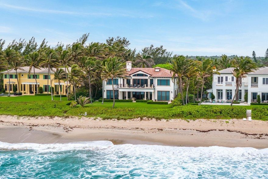 The wide stretch of tranquil blue ocean, pristine sandy beaches, and lush green landscaping dotted with tropical palm trees are some of the attributes that define 3435 N. Ocean Blvd. Playful yet pragmatic, this superb coastal estate was completed with unsurpassed attention to detail and is sited on 100' of oceanfront in the exclusive town of Gulf Stream. Featuring 8,359 TSF, 5 Bedrooms plus 5.1 baths the home oozes a relaxed beach vibe. Upon entering, guests and family are greeted with wide-open spaces creating a balanced composition of expansive ocean views blended with floor-to-ceiling glass infusing the interior with abundant natural light. The first floor encompasses sweeping duel staircases, an open living room, a formal dining room, an ocean-facing Guest suite, a spacious office,