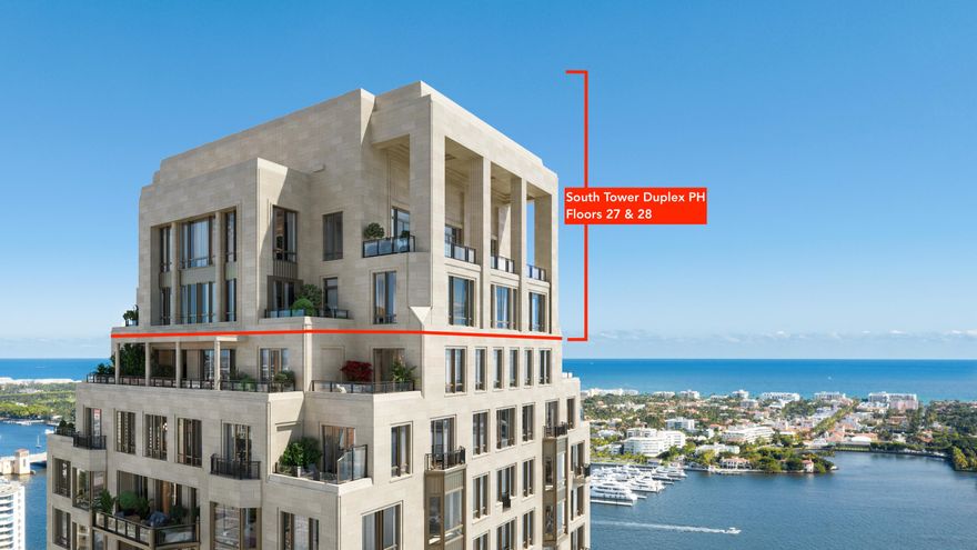 Exceptional, 1 of 2, South Flagler House Duplex PH. This PH set atop the South Tower, is 1 of 1 as each Duplex PH is unique in its design. The south duplex spans the 27th & 28th floors with sweeping views of the Intracoastal, Palm Beach, & the Atlantic Ocean. Offering 7 BRs, 8 full BAs, & 2 powder rooms, this panoramic residence features 13,904 sq ft of interior space & an additional 1,941 sq ft of covered outdoor entertaining space. A private elevator vestibule opens to a grand foyer & into living/entertaining spaces across each floor with exceptional water views. Myriad spaces including KT, DR, family/media rooms, offices, as well as a private interior elevator & interior gracious stair complete the home. SFH includes the most luxurious & robust amenity offerings in WPB & PB. South Flagler House, presented by Related Ross, combines the timeless style of Robert A.M. Stern Architects & the luxurious aesthetic of Pembrooke & Ives, resulting in soulful spaces designed for an enhanced lifestyle. Primely positioned on 3.4 acres along the Intracoastal Waterway at 1355 S Flagler Dr. South Flagler House features two 28-story structures with 105 beautifully appointed 2-to-5-bedroom homes. Representing the single largest amenity offering per residence in all of Palm Beach County. Residents will have access to lifestyle amenities of unprecedented range & quality, with on-site concierge services surpassing those of the most exclusive private members' clubs.