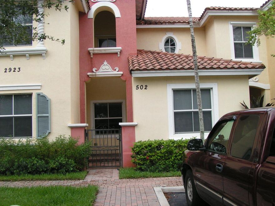 Quiet, wonderful gated community. Freshly painted. New carpet in bedroom,stairs;tile in living area's. Beautiful pool area, clubhouse and playground. Great place to come home to. One bedroom and full bath downstairs. Covered Balcony (2). 2 parking spaces.