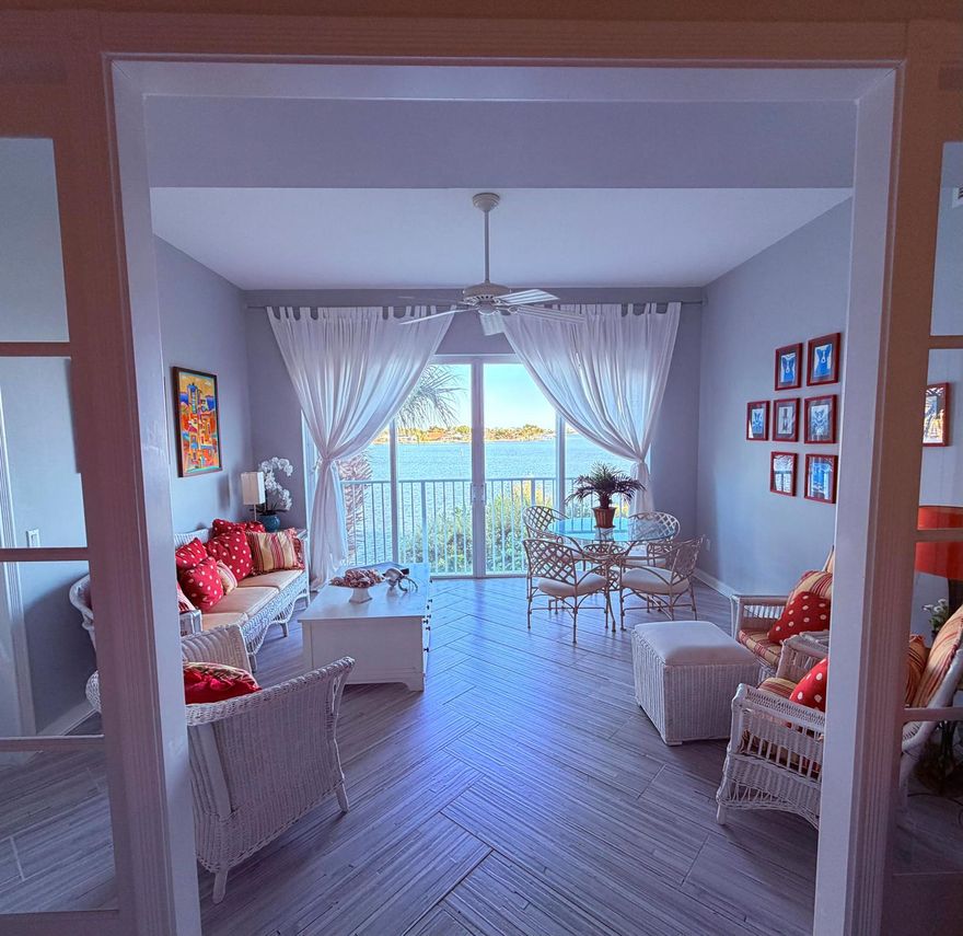 Off Season or annual $2600 monthly. SEASONAL Available $4300 per month (3 month Minimum). 2/2 1989 sq. ft. condo featuring voluminous ceilings and a picturesque view of the intercoastal waterway!  Manned gated community w/ 24-hr security. Enjoy tennis, pickleball, pool & spa, gym, clubhouse with billiards, and multiple grilling areas. Centrally located provides easy access to beaches, parks, waterfront dining, shopping, and Fort Pierce Inlet. Activities such as boating, biking, fishing, kayaking, and horseback riding are readily available. Nearby historical downtown with performing arts theater, waterfront dining, shops, and a weekly farmer's market with live music.