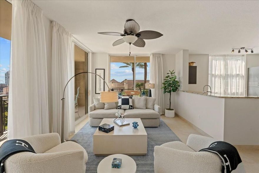 Rare furnished turnkey 3 BR, 2 BA, corner condo in the highly sought-after CityPlace South Tower featuring stunning east & southern views. Concierge building amenities & valet parking. Large living room & dining area with balcony. The bright kitchen is a chef's dream with modern cabinetry and appliances. Spacious primary suite features direct access to the balcony. The ensuite bathroom includes a jacuzzi tub, standalone shower, dual sink vanity, & two generous walk-in closets. BR 2 offers queen size bed, walk-in closet, south-facing view of the pool area. BR 3 features a hallway pocket door for privacy, 2 twin beds, walk-in closet, view of the pool. Full laundry room. The Kravis Center, City Place, Norton and Brightline are all within walking distance. Living here means you're in the heart of Downtown WPB. You'll have access to world-class shopping and dining just steps away. Stroll over the bridge to Palm Beach for pristine beaches and shopping on Worth Avenue. The Lake Trail on Palm Beach is also a short bike ride away, offering miles of scenic views along the water.