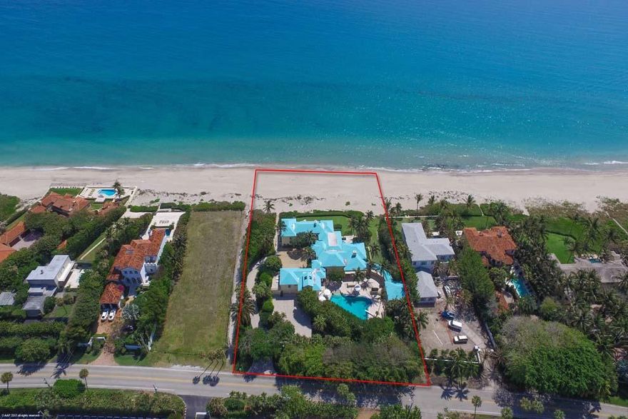 Welcome to Bala Machree located at 3545 North Ocean Boulevard; one of Gulf Stream's finest oceanfront properties. Situated on 1.96 acres with 230 feet of direct oceanfrontage, this expansive coastal compound is nearly double the average oceanfront lot size in the area. The regal residence captures the timeless elegance of a Palm Beach estate complete with stunning ocean views, marble and hardwood floors, custom moldings and woodwork, volume ceilings and sprawling grounds. With a North Ocean Boulevard address, the property is conveniently located just north of Delray Beach's Atlantic Avenue and a scenic drive along the iconic A1A to Worth Avenue in Palm Beach with three international airports easily accessible. Located on almost two acres, this oceanfront property commands attention