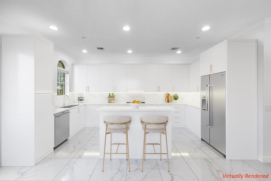 Inside the exclusive, gated, waterfront community of Estancia is this spacious, southern facing, 3-story end unit townhome on the Intracoastal Canal. The well designed floor-plan features 3 bedrooms & 3.5 baths, offering plenty of space for leisurely living as well as entertaining. The 1st floor features a private guest bedroom, with a full bath, perfect as an office or for visiting guests. The main living area is situated on the 2nd floor, consisting of the living room, dining room, kitchen & powder room. The updated kitchen is large and adorns a wine fridge, Bosch refrigerator & walk in pantry. The 3rd floor houses the primary suite and a 2nd guest bedroom. The Primary Suite has a huge closet and dual sinks, as well as a separate tub and shower. This home has generous ceiling