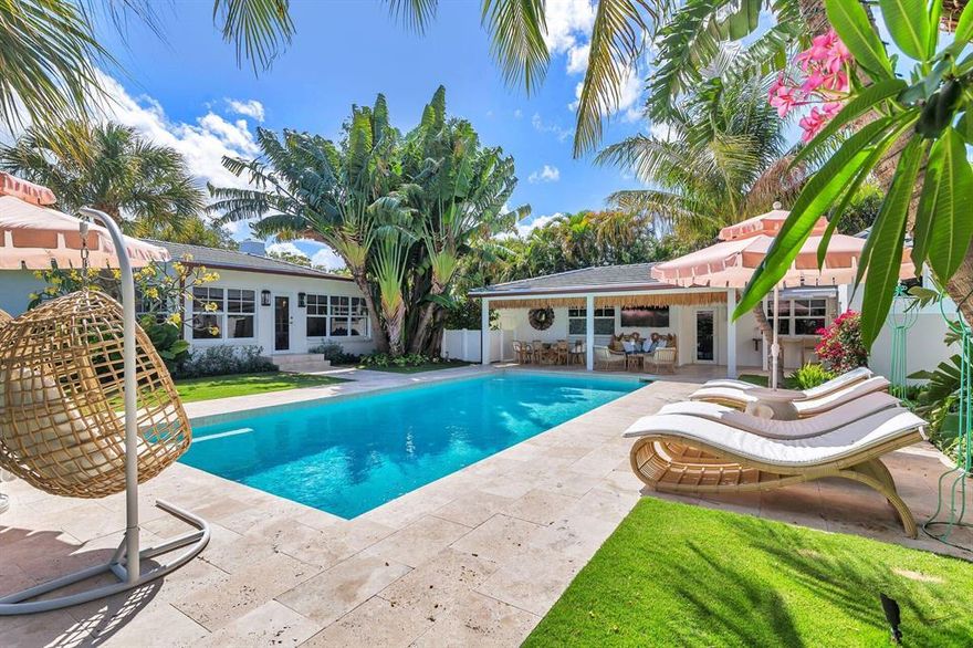 Beautifully renovated SoSo ''Gem''. This house has been meticulously renovated in 2022 with over 3,100 square feet of living space. The house sits on an oversized 14,000 sq ft lot and has a fabulous guest house with a lovely open beamed ceiling. The main house consists of 3 bedrooms and 3 baths with hardwood floors throughout. All windows are hurricane impact and the 2 car garage is air conditioned. The open floor plan is ideal for today's family lifestyles. The covered loggia off of the guest house creates a fantastic outdoor living and dining area which is great for entertaining. The lush tropical garden is fully enclosed.