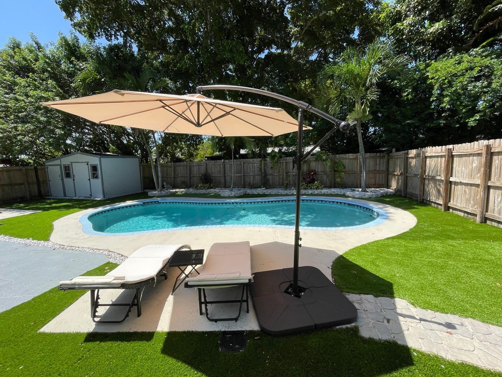 **WONDERFUL** 3 bedroom, 2 bathroom, single family home with fully fenced-in backyard and PRIVATE POOL OASIS! No HOA, all ages welcome! Wood kitchen with quartz counter tops, stainless steel appliances, glass backsplash, upgraded bathrooms, full-sized washer & dryer, private driveway, and **HUGE** turf yard, ready for your weekend barbecues! Can be rented fully furnished, partially furnished, or unfurnished, your choice!! Light, bright, and lovely, just bring your toothbrush!!