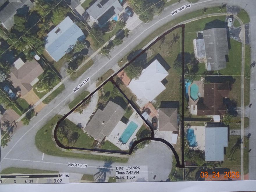 A Unique opportunity in Boca Raton Two houses for sale, side by side, with one owner. Over .6 acres of land combined. One has a large pool, the other has a 891 sq ft detached 2 car garage on a cul-de-sac.  A perfect setup for a knock down and rebuild with plenty of yard left over. Change is coming to this neighborhood. Within ½ mile of the subject properties, 3 houses have been knocked down to one wall and rebuilt. One house is complete. One house is almost complete and one house is underway. Not quite ready to build? Boca Raton has a tight rental market for residential housing.   These two homes should be sold together and both knocked down to build a beautiful residence with plenty of room left over a large yard for kids to play in. There are not many opportunities in Boca to build a house on .6 acres of land. It is a rare opportunity indeed. This tropical 3 Bedroom, 2 bath house on a corner lot has been well maintained. The roof is brand new. The windows are hurricane rated. The cast iron plumbing under the house has been replaced with pvc piping and the terrazzo floors look like brand new.  The saltwater pool was built in 1994 and is large at 16 ft by 45ft with a floating fountain. There is a 380 square foot enclosed patio area right off the kitchen that could be converted to "Under Air" status.