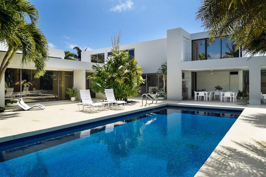 Contemporary mid-town ocean block residence with Har Tru surface tennis court, 60' heated pool, spa and deeded beach access. Air cond. cabana with bath doubles as 6th bedroom. New Alno design kitchen, top line  stainless and gas appliances. 3 car garage + caterer's kitchen. Beautifully maintained. In pristine condition!