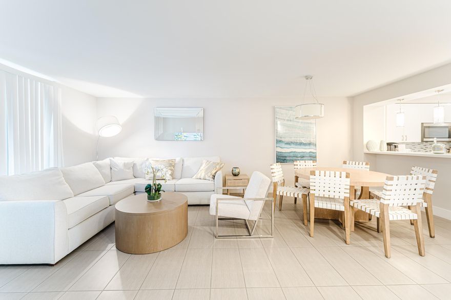 The unit features a bright and spacious layout with two well-sized bedrooms, ample closet space, and an open living and dining area designed for both relaxation and entertaining. Large windows invite in natural light, creating an airy atmosphere while showcasing the coastal surroundings. The kitchen is thoughtfully designed with plenty of storage and workspace, ideal for everyday living or hosting guests.