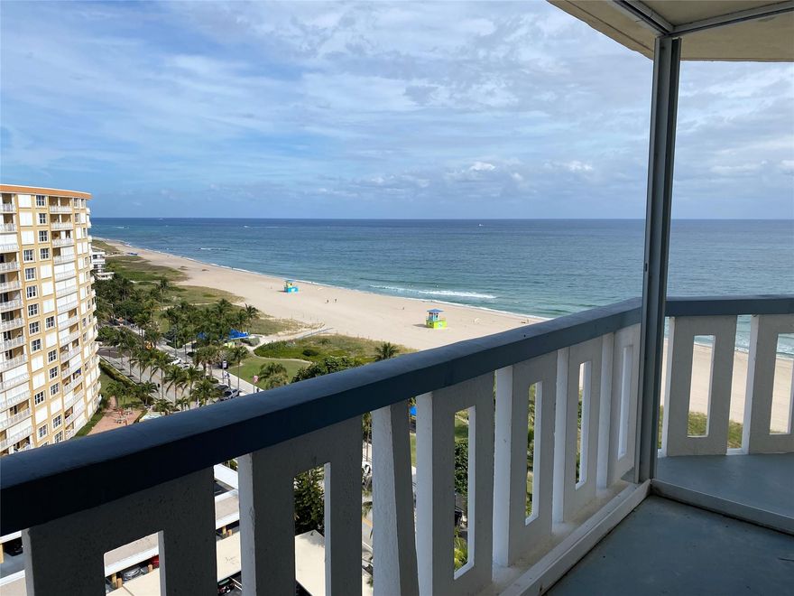 Direct ocean view, prime Northeast corner unit.  Wrap around balcony overlooking the beach.  Ready to renovate unit.  Impact windows and doors already installed.  Unit has one parking spot.