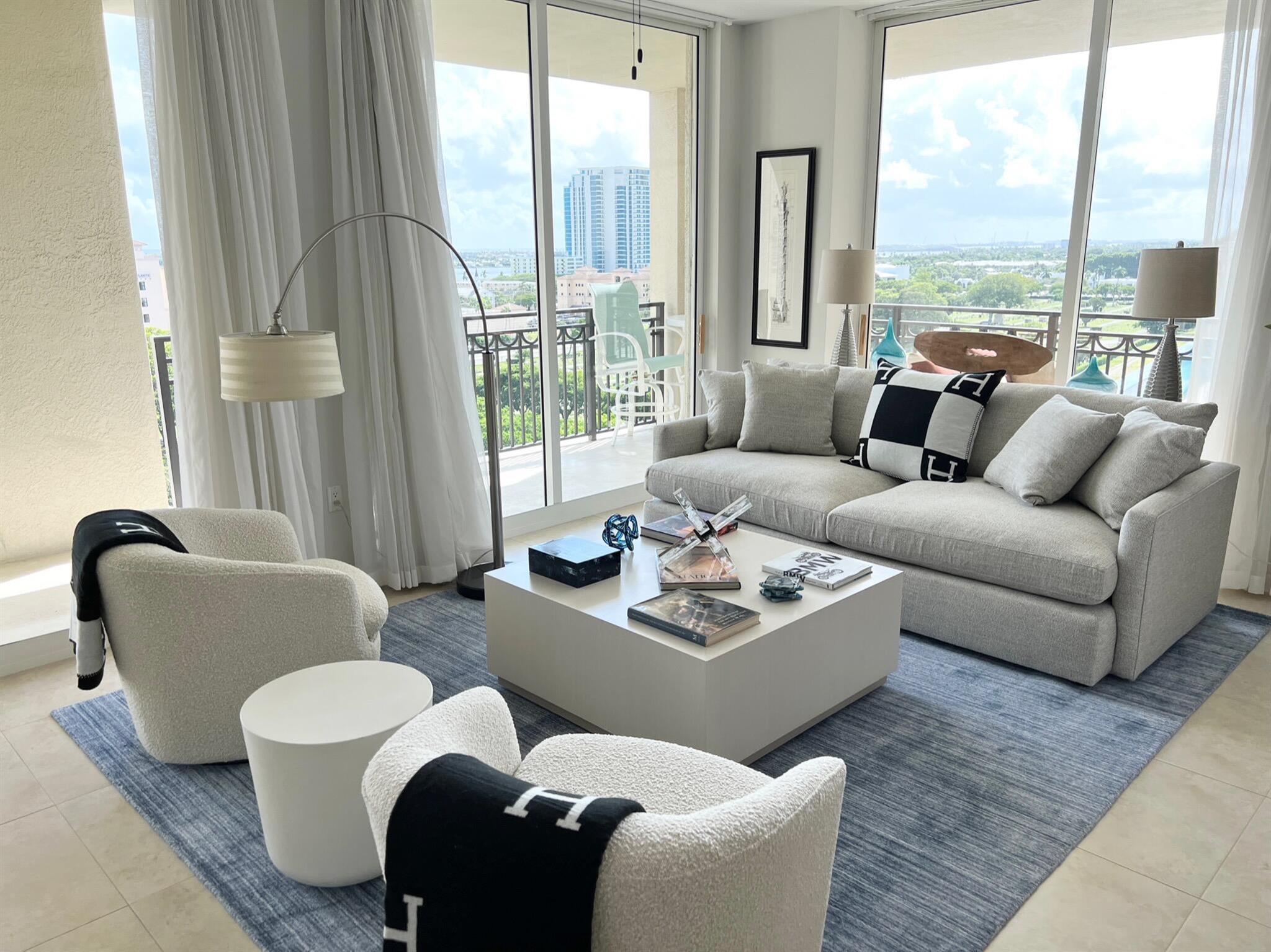 Downtown Living in WPB available 3/1/25. Rare 3 BR, 2 BA, corner condo in the highly sought-after CityPlace South Tower featuring stunning east and southern views allowing natural light to flood every room. Concierge building amenities. Large living room and dining area. The bright kitchen is a chef's dream with sleek granite countertops, modern appliances, and plenty of space to prepare meals. Primary suite features a king-size bed, large TV, and direct access to the east balcony. The ensuite bathroom includes a jacuzzi tub, standalone shower, dual sink vanity, and two generous walk-in closets. BR 2 offers queen-size bed, walk-in closet, south-facing view of the pool area. BR 3 features a hallway pocket door for privacy, 2 twin beds, walk-in closet, view of the pool. Full laundry room