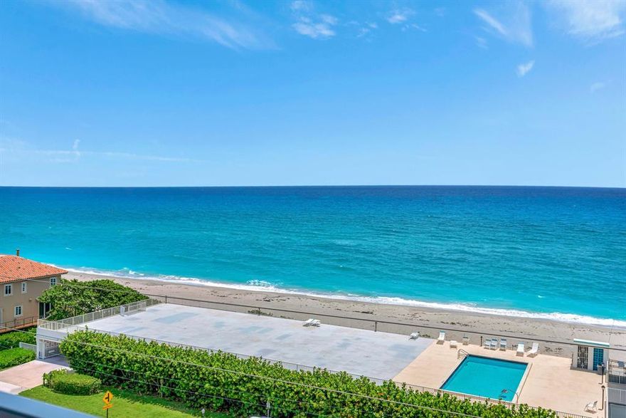 This is a 7th floor, clear North East view of the ocean with Hurricane windows.  totally upgraded with a fabulous kitchen with many extras. Primary suite is directly east with a slider to the balcony.  the secondary bedroom is directly across from the guest bath. Washer and dryer are full size and in the condo. The balcony has an automatic remote control for an awning, a screen, and hurricane protection.  This a most comfortable condo apartment with update features in the Juno beach area. Community pool and Card/Party room just off the Pool area. There is a same floor storage bin and trash-shoot next to elevators.