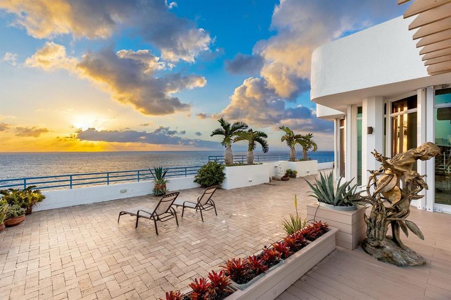 This oceanfront Penthouse spans the entire top floor of the Highlands Place Building. Take your secured elevator from the residential lobby up directly to the skylighted foyer with ocean views. Private wrap around rooftop terrace with 360 degree views of Ocean, Intracoastal, and City. This 6300 square foot Penthouse has four beds and four and half baths, combined with an over 8000 square foot terrace. So much potential to create one of the most spectacular residences in Palm Beach County. Perfectly situated in between Delray Beach and Boca Raton, enjoy the Florida lifestyle without having maintenance to worry about. Customize, transform, re-imagine! Every door and window has just been replaced with new impact glass. New deck and flooring on terraces. Single slab Imported Italian marble.