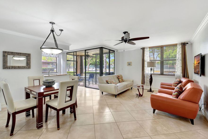 Fully furnished, updated, 1st floor corner unit, 2 bedroom, 2 bathroom condo in the beautifully landscaped Delray Racquet Club. Main features inside the unit include: tile flooring throughout, chef's kitchen, washer & dryer, new refrigerator, master bedroom king sized bed, guest room w/comfy Murphy Bed, which allows it to be used as a bedroom or office. Delray Racquet Club offers its residents luxurious amenities such as tennis courts, fitness center, pool, hot tub and walking paths. W/in 1 mile of Delray Racquet Club is the beach, Wholefoods, Publix, Downtown Delray restaurants and shops.