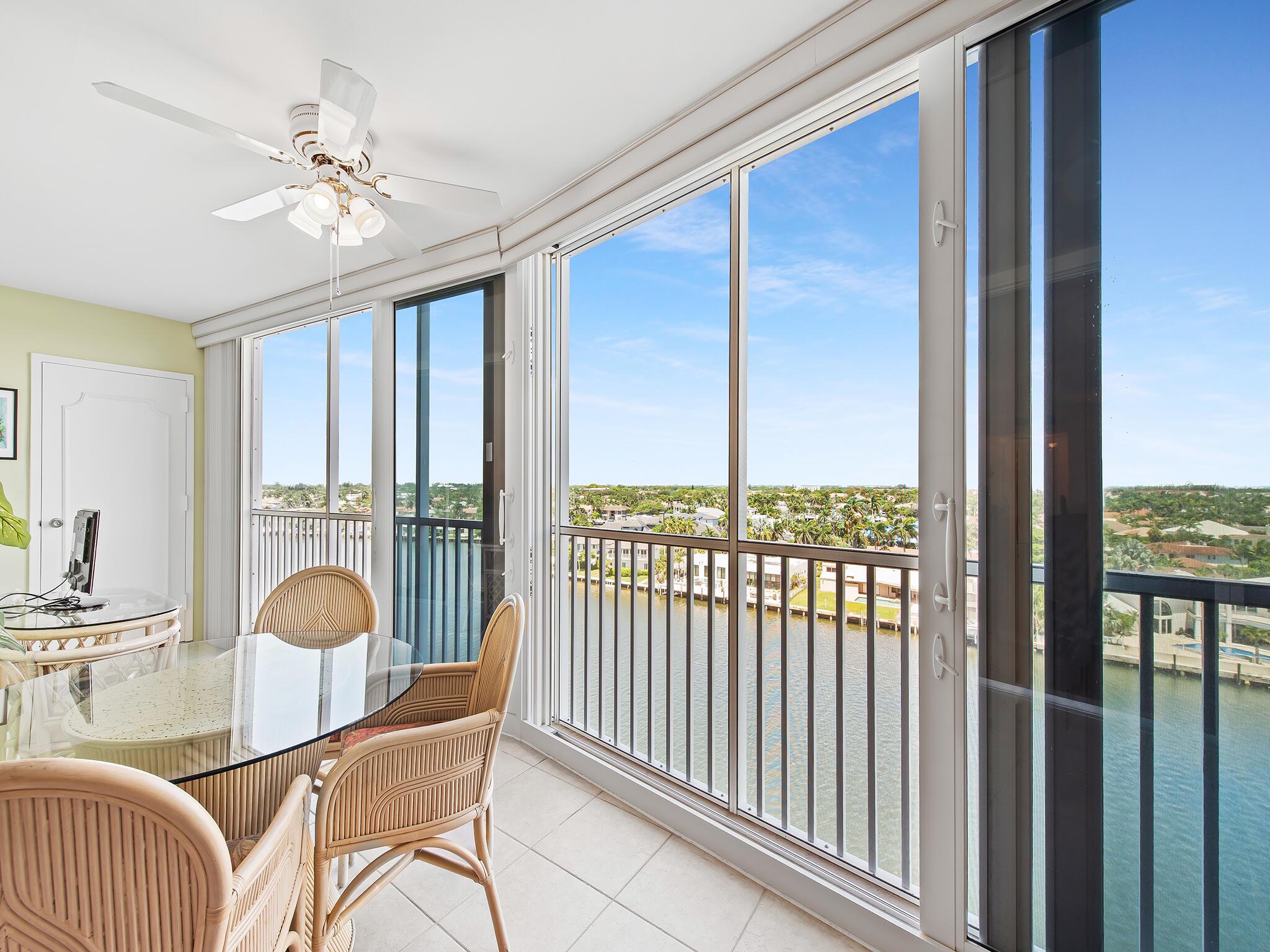 Perfect sunsets and fantastic long intracoastal views await the new owner of this special residence! This updated one bedroom, 1.5 bath furnished condo features phenomenal intracoastal and city views, as well as ocean views and beach access! Large balcony space with hurricane impact glass (telescoping) sliding glass door walls can be used as outdoor or indoor space, depending on the weather! It will even accommodate a pull out couch for guests. 2 pools! clubhouse, chairs on the sand! Bocce! Mini golf! dockage available! This is a special residence inside and out. The community has enjoyed vast upgrades - concrete restoration, impact glass, new roof, new carport and parking lot upgrades, resurfaced pool areas, newly installed elevators, generators, freshly restored and painted!
