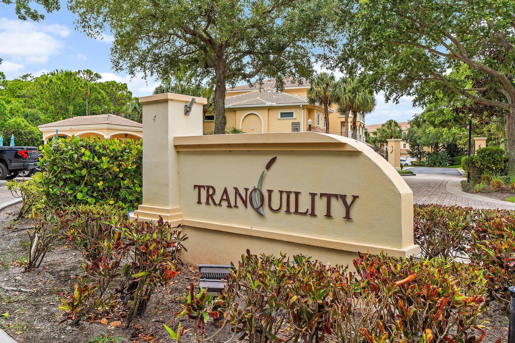 Rarely available 3 bedroom condo plus a den & 3 full bathrooms all on one floor with 1 car garage. This condo features all tile living area, granite counter tops, stainless steel appliances, private patio with preserve views. New roof 2024, ac 6 years old. Tranquility is a small gated community just west of US 1 off of Bridge Rd. Ideal location close to downtown Hobe Sound & Tequesta, minutes away to golf, beaches and boating.