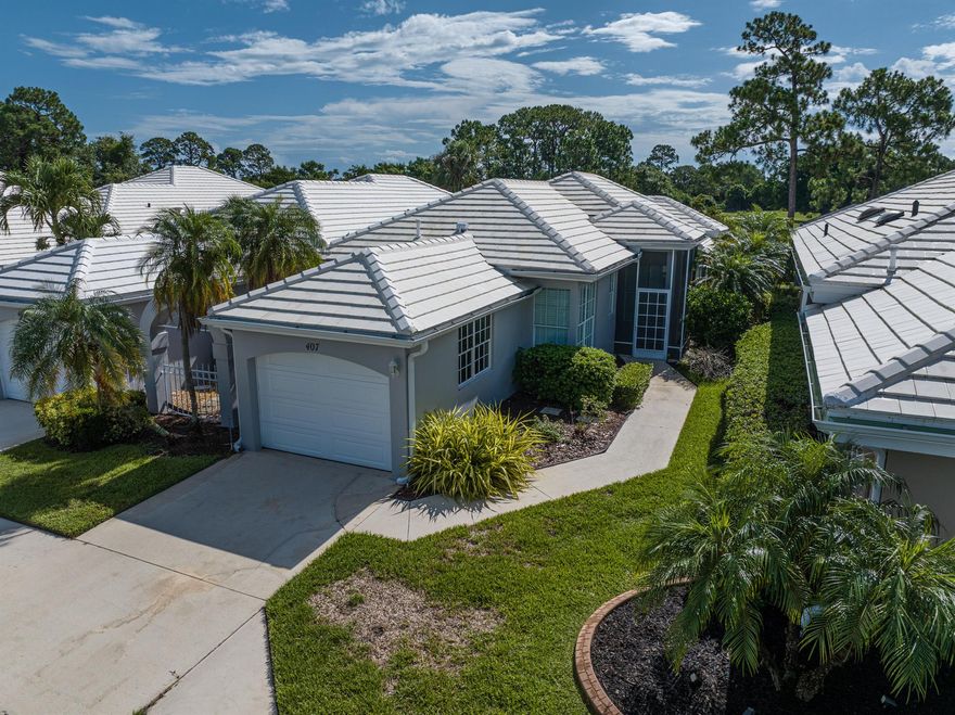 BRAND NEW 2025 AC, WATER HEATER, WASHER/DRYER, EXTERIOR PAINT & 2017 ROOF REPLACED. Light & Bright 2BR/2BA/1CG Villa in Fairway Isles is tucked away on a quiet cul-de-sac in the heart of St. Lucie West, this beautifully maintained villa offers peaceful living with modern updates and a prime location.  The stylish kitchen is bright with lots of windows, rich wood cabinetry, modern solid surface countertops, stainless steel appliances, subway tile backsplash and a cozy breakfast nook. The great room offers ample space for your everyday living and dining. The split floor plan provides privacy between bedrooms. A covered and screened lanai with peaceful golf course views overlooking the 1st hole of St. Lucie Trail Golf Club offers privacy and tranquility. Prime Location: Centrally located