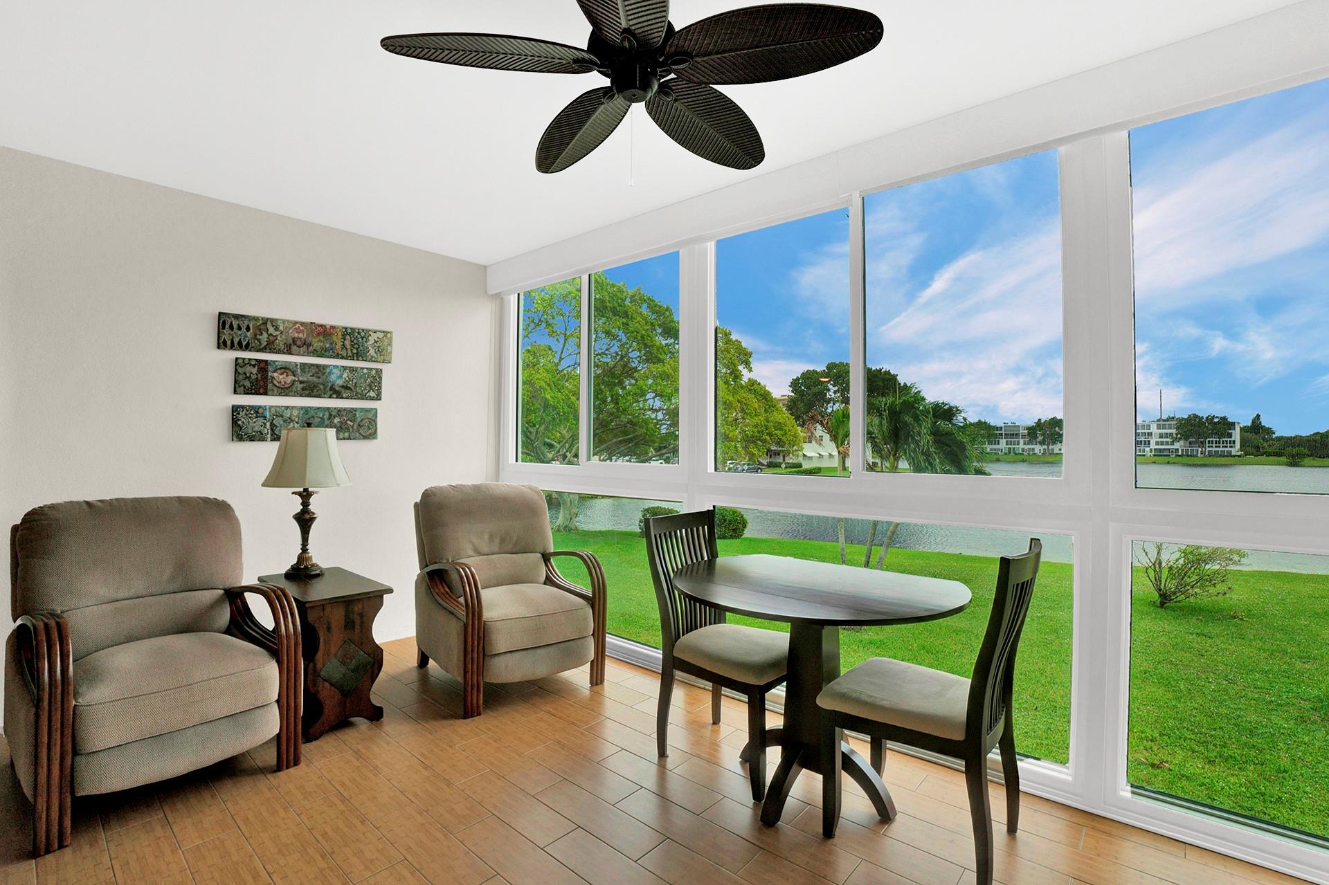 LUXURY LAKE FRONT !, SECOND FLOOR 2 BDR. 2 BATH, LARGE 8'5" PATIO, HIGH QUALITY IMPACT GLASS PROTECTED WINDOW INSTALLED LAST YEAR. WITH PERMIT AND INSPECTION ! RARE FIND UPDATED, FULLY FURNISHED. M U S T S E E ! DESIRABLE OAKRIDGE V, SHORT WALK TO LYNDHURST POOL AND BACK OF THE CLUBHOUSE ! BOIH BATHROOMS " BATH FITTER" WITH SHOWER. GRANITE KITCHEN COUNTERTOP , LIGHT WOOD CABINETS & WHITE APPLIANCES. 2nd BEDROOM, MURPHY BED , LARGE CALIFORNIA CLOSET. ALL THE WORK HAS PERMITTED AND INSPECTED ! WATER HEATER , MARCH 2022. A/C INSTALLED MARCH 2 0 2 3 ! (JOSEPH AIR) FRONT WINDOW HAS PLANTATION SHUTTERS. UNIT LOCATED IN CENTURY VILLAGE, WHICH OFFERS ALL THE FINEST AMENITIES, CLUB HOUSE, FITNESS, ASSOCIATION CLAIMS 55+, $ 716 MONTHLY FEE: CENCLUB $108,SEACREST $ 440, MASTER MNGMT.$168.