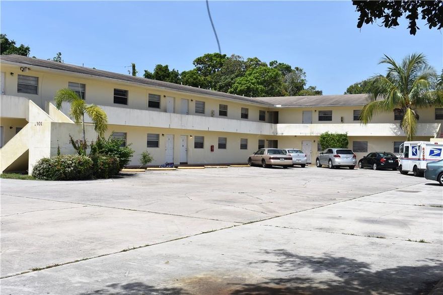 Apartment Building in Fort Pierce. Each unit is 1 bedroom and 1 bathroom. Each unit has its own meter for electric and water. 2 Story Building with a Total of 14 units with 7 units on each floor. Onsite parking lot with 28 parking spaces surrounded by a chain link fence. Roof was replaced in 2005. Building is being repainted and new picture's will be updated soon.