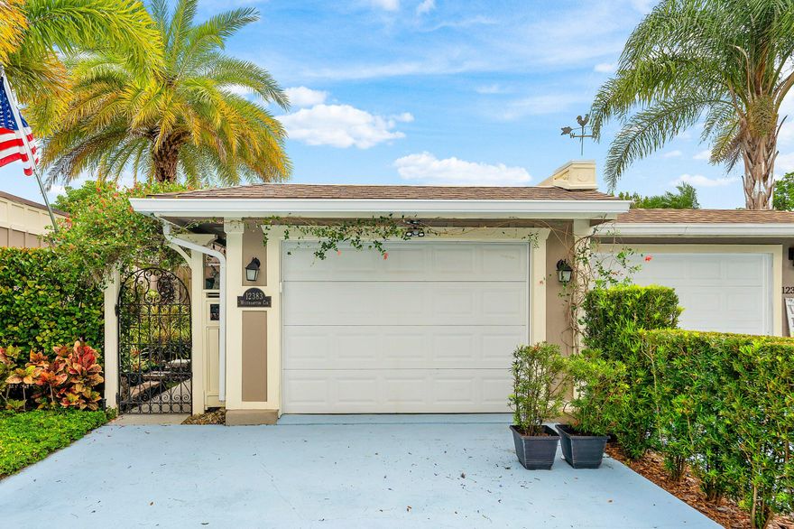 ** Please Note: We have multiple offers.  Highest and Best by Tuesday May 12th at Noon.  Owners will make decision Wednesday May 13th. This beautifully updated and spacious 2-bedroom, 2-bathroom home with a one-car garage is truly move-in ready—and best of all, there's no HOA. From the moment you step into the serene front courtyard, you'll appreciate the thoughtful design and meticulous attention to detail throughout. The light-filled interior features four elegant clerestory windows in the living area, while the primary bedroom is brightened by two large windows overlooking a lush, private backyard.  The second bedroom enjoys views of the tranquil, tropical front courtyard. Stylish upgrades include coffered ceilings in the living room, flex/library space, and primary suite, along with channel lighting in the living area. Durable vinyl plank flooring runs throughout, with laminate in the bedrooms.  Vaulted ceilings in the living and dining areas enhance the home's open, airy feel, seamlessly connecting to the flexible office/library space. The spacious primary suite includes a walk-in closet with built-in organizers and an en-suite bath featuring a walk-in shower. The second bedroom offers a full-length closet, also equipped with organizers. Storage is abundant, including a well-designed attic with built-in shelving—perfect for seasonal items. The attic is equipped with a solar vent to help regulate temperature and an infrared light with antimicrobial benefits. Step outside to your private tropical backyard retreat, complete with low-maintenance synthetic grass and a screened patio—ideal for relaxing or entertaining. The garage includes a space-saving tankless water heater, ensuring an ample supply of hot water, along with added shelving and storage. A large driveway provides additional parking. Major updates include a roof (2013) and A/C system (2021). The home also features certified wind mitigation with hurricane accordion shutters, an impact-rated sliding glass door, and a hurricane-rated garage door. Conveniently located near local parks, shopping, and the Wellington Amphitheater, this home offers both comfort and accessibility in a desirable setting.