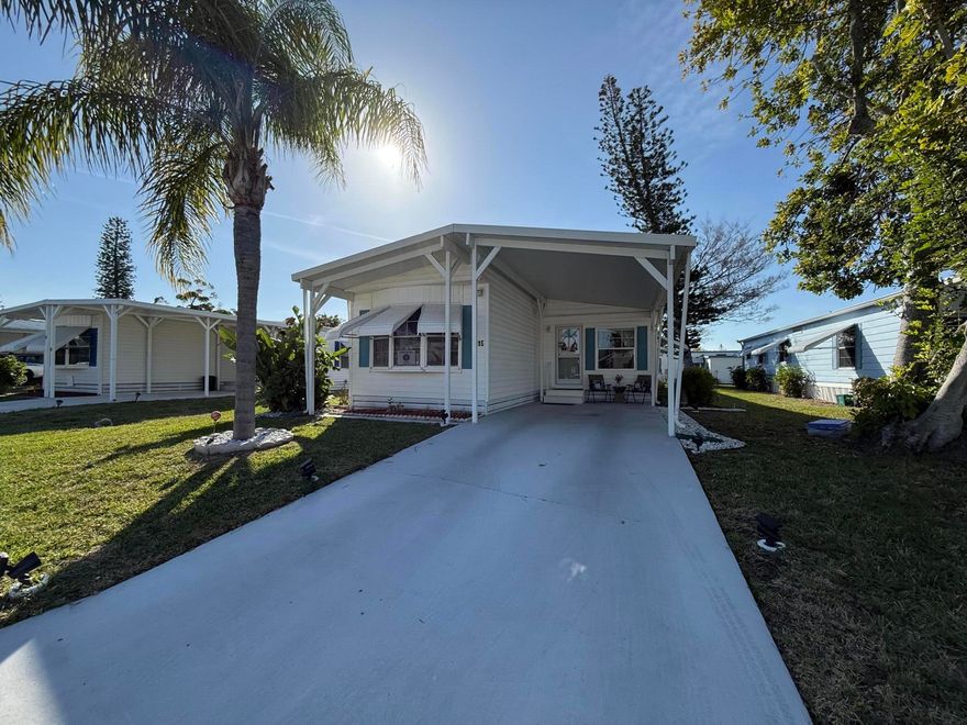 Charming coastal-inspired and well maintained home in the 55+ community of Spanish Lakes Golf Village.  This move-in-ready residence comes fully furnished with modern finishings  and features 2 bedrooms, 2 full baths, and a bright Florida room perfect for relaxing and entertaining.  Enjoy a tight-knit, active community with amenities included in lot rent: pool, clubhouse with frequent social events and activities, 9-hole golf course(complimentary for residents), pickleball, tennis,bocce ball, shuffleboard, fitness center, and more!  Priced to sell-don't miss this opportunity!