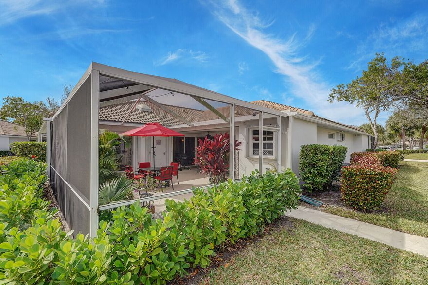 Sun Terrace 2/2 one story villa in the heart of the Gardens.   Step outside to a huge, private screened patio — perfect for relaxing and entertaining. Located in a desirable tree lined community with a pool and beautifully maintained grounds. Unbeatable location just minutes to world-class shopping and dining, only 5 minutes to pristine beaches and approximately 15 minutes to Palm Beach International Airport.