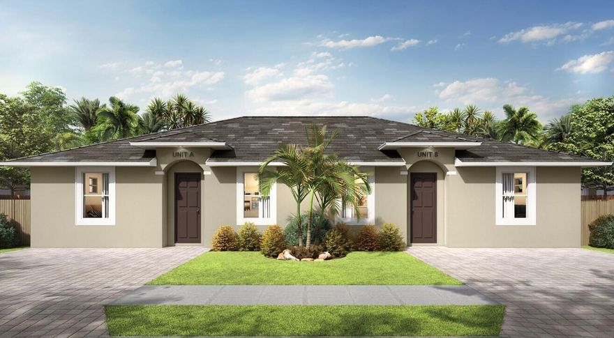 Brand new duplex each unit is a 3/2 with nice private fenced backyard, impact doors & windows and upgraded interior with high end finishes, open layout, vaulted ceilings, Italian plank tiles, 42'' white shaker cabinetry, granite counter tops, s/s appliances, pantry washer and dryer. It also includes a nice, lush landscape package with irrigation system, LED lights throughout, tankless water heater, and so much more. Enoy worry free living in this upgraded unit with no HOA fees. Centrally located off I-95 and in close proximity to all services, shopping and beaches. There is no place like home ... take a peek and fall in love! It is good to be Home! Home Sweet Home!