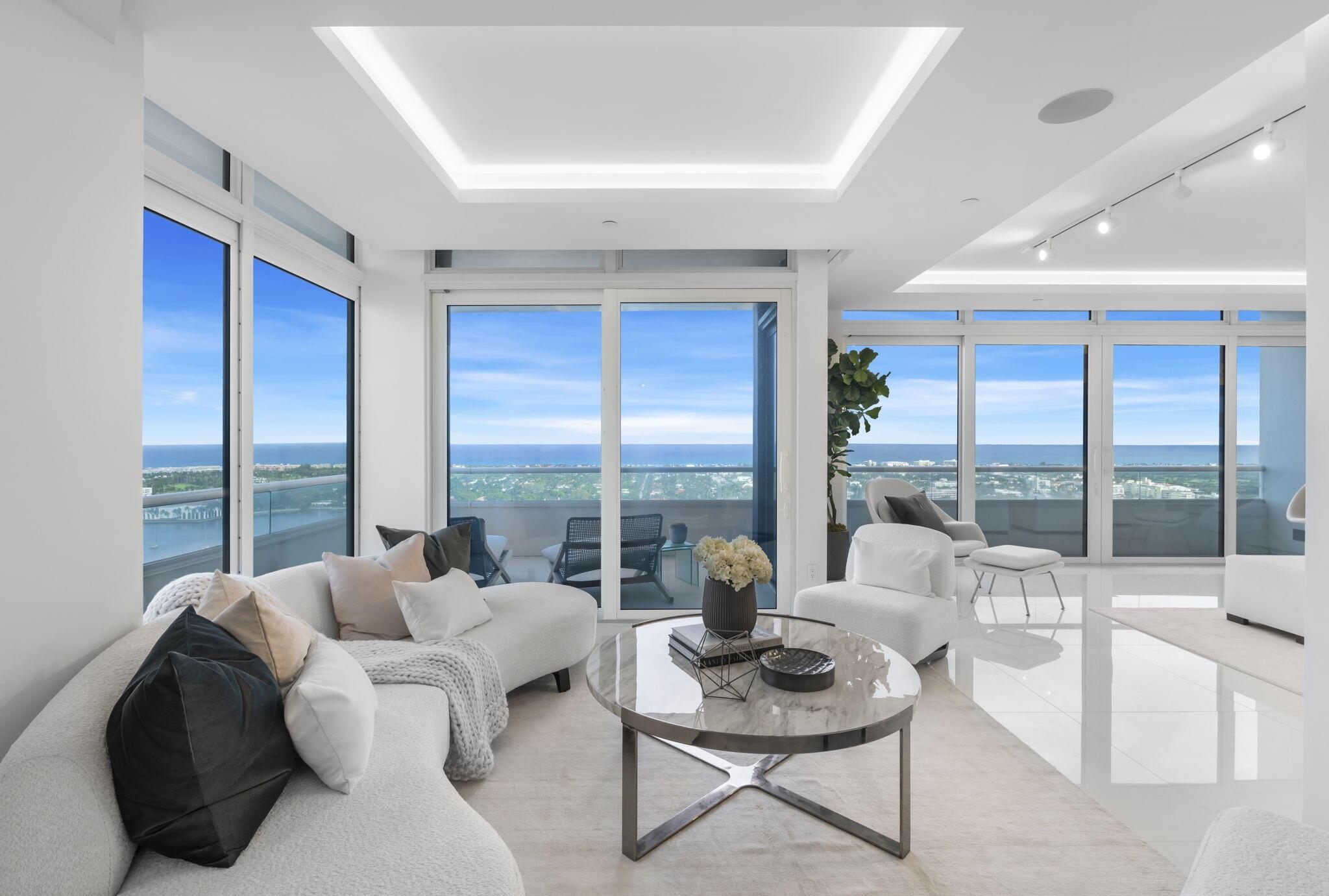 BRAND NEW PENTHOUSE representing the epitome of modern luxury! Every detail is pristine, boasting breathtaking panoramic views, 3-beds + office, 3-baths, 2 powder rooms, and a suite of high-end features. Designer kitchen features Gaggenau & Miele appliances, Waterworks faucets and Lutron control/shade system throughout-- this residence offers an unparalleled level of sophistication. Primary suite has dual mammoth sized dressing rooms/custom closets. Renovations extend to new A/C, plumbing, electrical, element lighting, CAT6 (wiring throughout), plus much more. Includes deeded Cabana with full bath. The Plaza offers amazing amenities and first-class staff including 24-hour valet,concierge,security, impressive fitness center,sauna,tennis/pickleball courts,2 pools...