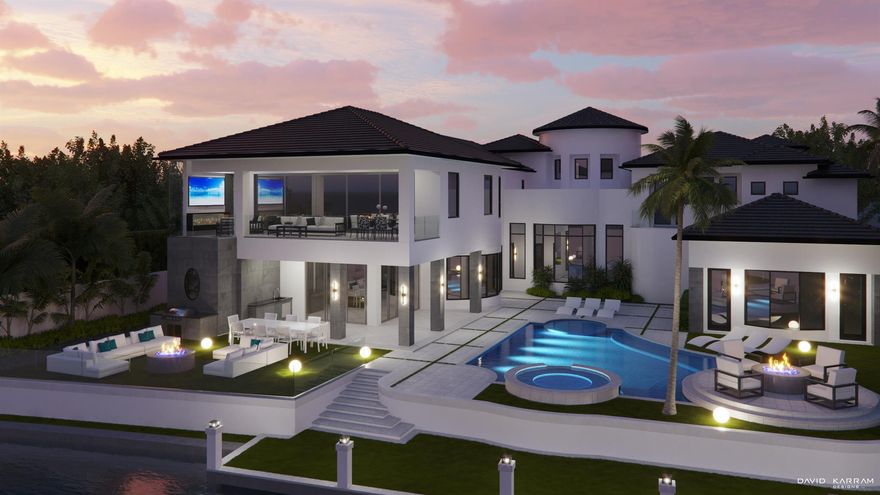Located in the prestigious Royal Palm Yacht & Country Club, this fully reimagined estate by David Karram Designs offers quick ocean access with no fixed bridges along one of the community's most desirable deep-water canals. A bold, modern facade with oversized imported porcelain tile and a newly constructed circular driveway sets the tone for the architectural elegance within.Professionally landscaped gardens, frosted-glass garage doors, and a custom lighting package elevate curb appeal day and night. The backyard is a true resort-style retreat, featuring an expansive marble terrace with turf inlays, a saltwater pool and spa, sun shelf, and extended synthetic lawn for effortless year-round enjoyment.