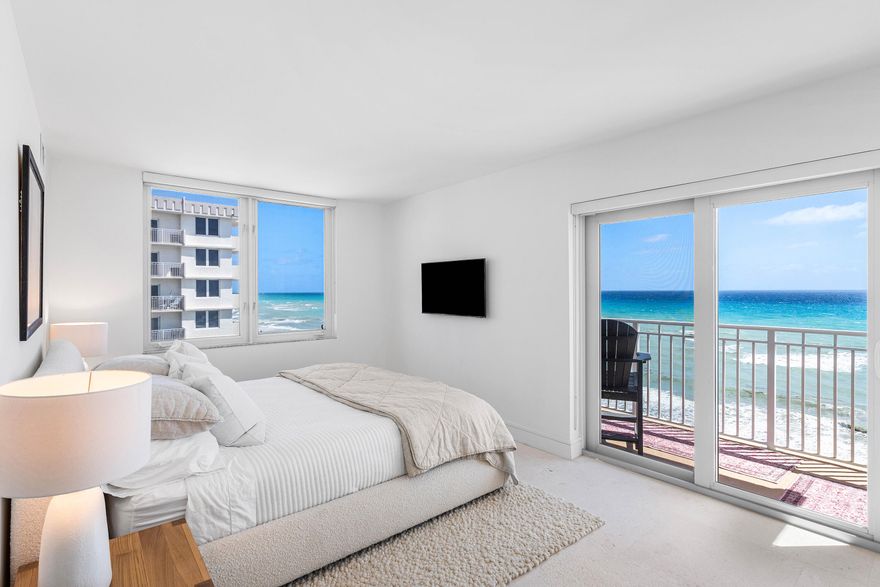 A rare opportunity to own this exceptional direct ocean corner residence, showcasing breathtaking, unobstructed views that stretch endlessly along the coastline. Located in the highly desirable community of Highland Beach—known as "3 Miles of Paradise"—this beautifully renovated home is thoughtfully designed with a refined coastal aesthetic & features top-tier finishes throughout, including Waterworks bathroom & kitchen fixtures, a Bosch range, Liebherr refrigerator, Thermador dishwasher, and a Miele washer/dryer.   Enjoy effortless indoor-outdoor living with two private oceanfront balconies—perfect for taking in the sea breeze and panoramic views.  The residence offers two spacious ensuite bedrooms, elegant natural coral stone flooring throughout, and custom cabinetry & closets providing abundant storage. New furniture and complete contents are included in the purchase, offering a true turnkey opportunity. Additional highlights include garage parking, fitness center, two resort-style pools, storage, a car wash area, billiard and ping pong tables, an active social calendar and generous guest parking.