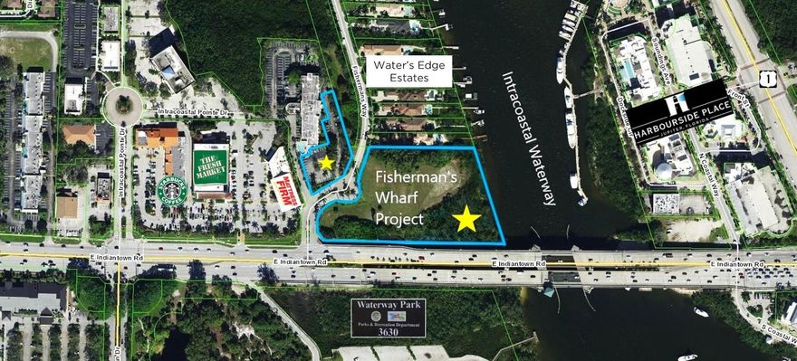 SVN Waterfront & SVN Safe Haven present Fisherman's Wharf Development Site, the LAST commercial waterfront parcel along the intracoastal waterway in Jupiter, Florida. Situated on 4.61± acres, this versatile property is currently approved for a two-story 10,630± SF Restaurant with 4,400± SF of outdoor dining and a 1,175± SF Tiki Bar a three-story 17,198± SF Office Building, and a private dock with two moorings. Former approvals for the property include a 8,661±SF Restaurant (1999) and 35 Multi-Family Condominiums with 5,600± SF of commercial use and marina (2007).  This property is ideal for land and retail investors looking for a strategic investment opportunity. With its prime location, this property offers an exceptional chance for value creation and future growth.