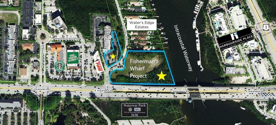 SVN Waterfront & SVN Safe Haven present Fisherman's Wharf Development Site, the LAST commercial waterfront parcel along the intracoastal waterway in Jupiter, Florida. Situated on 4.61+/- acres, this versatile property is currently approved for a two-story 10,630+/- SF Restaurant with 4,400+/- SF of outdoor dining and a 1,175+/- SF Tiki Bar a three-story 17,198+/- SF Office Building, and a private dock with two moorings. Former approvals for the property include a 8,661+/-SF Restaurant (1999) and 35 Multi-Family Condominiums with 5,600+/- SF of commercial use and marina (2007).  This property is ideal for land and retail investors looking for a strategic investment opportunity. With its prime location, this property offers an exceptional chance for value creation and future growth.