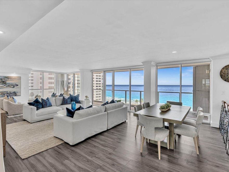 Experience over 2,000 square feet of direct oceanfront living in this beautifully renovated corner residence at Plaza East. This 3-bedroom, 2.5-bath home offers a bright, open layout with a semi-private elevator and stunning ocean views from the moment you enter. The modern kitchen features quartz countertops, shaker cabinetry, and Bosch stainless steel appliances, seamlessly connecting to the living and dining areas. Renovated bathrooms showcase high-quality finishes, while luxury vinyl flooring runs throughout. Accordion shutters provide added peace of mind. Plaza East offers resort-style amenities, a rentable guest suite, fully funded reserves, and completed 50-year recertification,SIRS and budgeted at full reserves. One of the few "vintage buildings" that is financially secure !