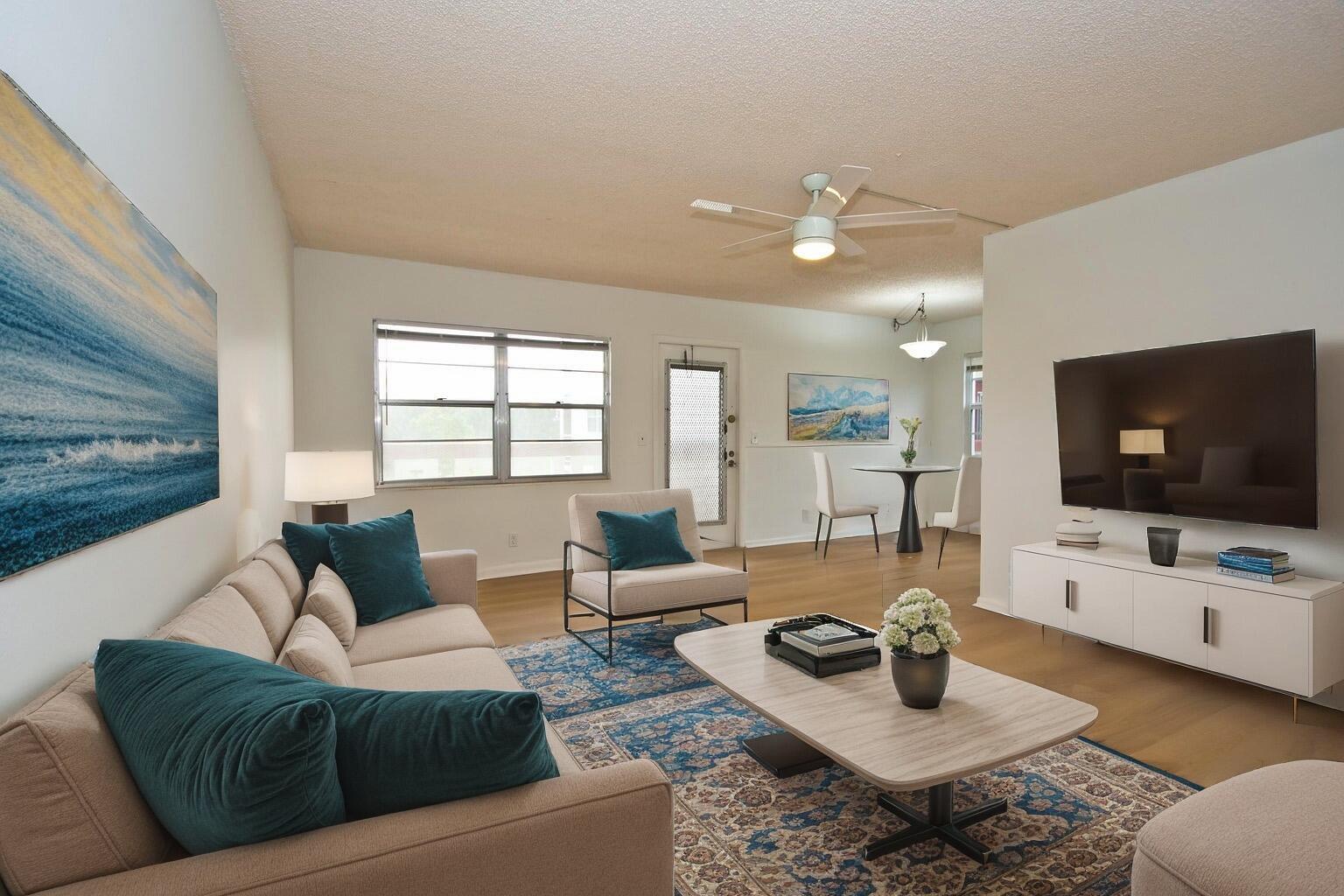 Walking distance to house of worship and pool, ready to rent right away, this fully renovated 2-bedroom, 1.5-bath condo is a rental-friendly gem with brand-new flooring and fresh paint throughout. Priced to sell quickly, it boasts a meticulously maintained interior, a spacious screened-in patio facing north, and a host of desirable amenities. Enjoy 24-hour security, access to local shows, and a complimentary bus service for easy commuting. The condo is LLC-friendly with A/C installed in 2019.