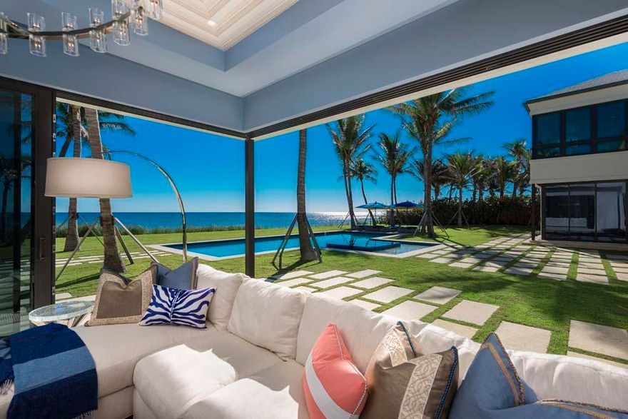 Introducing an exquisitely crafted transitional oceanfront estate with expansive ocean views in the heart of Palm Beach County. Custom built and designed by the most sought-after professionals in South Florida, this entertainer's dream home features open concept spaces that seamlessly merge to showcase the sophisticated and refined interiors of the indoor-outdoor living residence. Enjoy 158 feet of direct oceanfrontage with a soaring elevation allowing for total privacy and unobstructed views of the Atlantic Ocean. This five-bedroom home offers a luxurious master suite with his-and-her baths and boutique closets plus four en suite guest quarters. This brand new coastal estate represents a rare opportunity to experience the South Florida Lifestyle in the Seaside Town of Ocean Ridge!