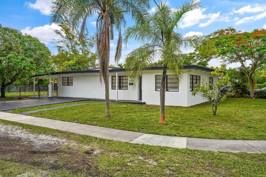 Lowest-priced renovated single-family home on the market and the largest corner lot available under 600k! An exceptional opportunity for a first-time buyer or an income-producing investment.

This beautifully updated home features new tile flooring throughout and a split-bedroom floor plan. The spacious primary suite offers a walk-in closet and a brand-new, modern bathroom. Two additional bedrooms are generously sized, while a fourth bonus bedroom is perfect for bunk beds, a kids' room, home office, or creative flex space. Tankless water heater + ROOF 2022

The open-concept kitchen showcases quartz countertops, stainless steel appliances and a sizable dining area. No HOA, located in a pet- and family-friendly community. Set on an oversized corner lot, the property offers ample room for future expansion including the potential for a mother-in-law suite, home addition, pool, shed, or outdoor entertaining areas. The fully fenced yard is enhanced with newly planted privacy hedges that will mature to approximately 6 feet tall, creating a private and serene outdoor oasis. So much space, so many possibilities.

Perfectly situated for South Florida living, the beach, Wynwood, Midtown, Bal Harbour, Brickell, Downtown Miami, Hardrock Stadium, Kaseya Center, Miami Airport are all within 11 miles or much less.