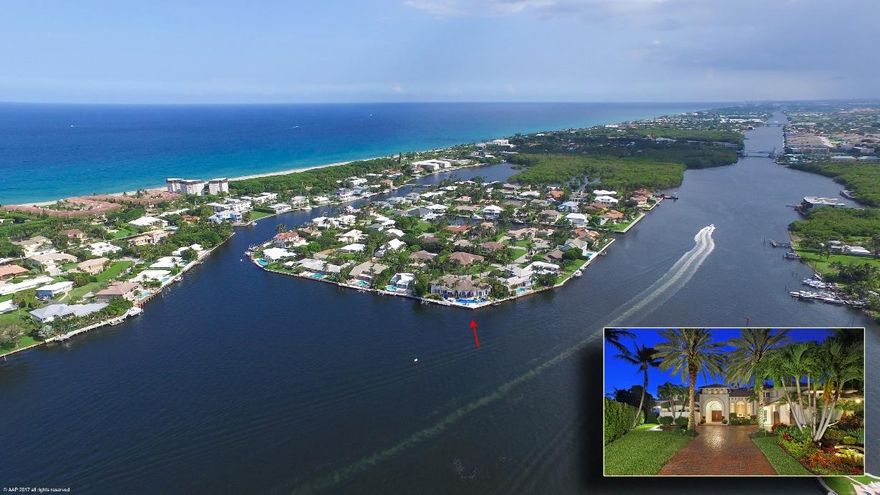 Located on a large 18,000 SF point lot, this beautiful 7400 SF Mediterranean style 5/BR - 6.5/BA residence is perfect for boating and entertaining and assurance of a quiet secure lifestyle in the charming and highly desirable community of Ocean Ridge.The open floor plan features marble and wood flooring and flows seamlessly from the living room to the den, large family room with fireplace, and a formal dining room. The impact glass windows allow for soft natural light throughout the rooms, as well as for fabulous views of the Intracoastal and beautifully landscaped yard.The eat-in kitchen has been designed with all the features that a gourmet cook would desire.