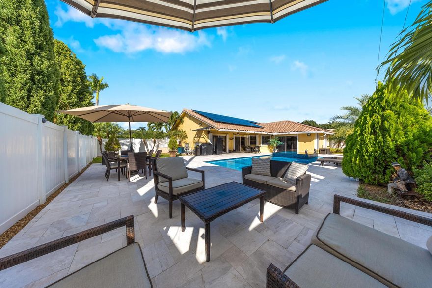 Greetings to your dream home in the highly desirable Boca Rio Heights neighborhood. This beautifully updated residence offers soaring ceilings, stunning tile flooring throughout the main living areas, and warm hardwood floors in the bedrooms. The gourmet kitchen features stainless steel appliances, granite countertops, and a continuous flow into the bright breakfast nook and adjoining family room, ideal for everyday living and entertaining. The home features a split-bedroom layout for privacy, two HVAC units for efficient climate control, a private backyard oasis with a heated pool and Jacuzzi, an enchanting LED lighting system, and a fenced yard, providing a serene refuge. Additional features include Solar panels, sonos & boss whole house audio system, central vacuum, and home generator. Super low HOA. Don't miss this outstanding opportunity.