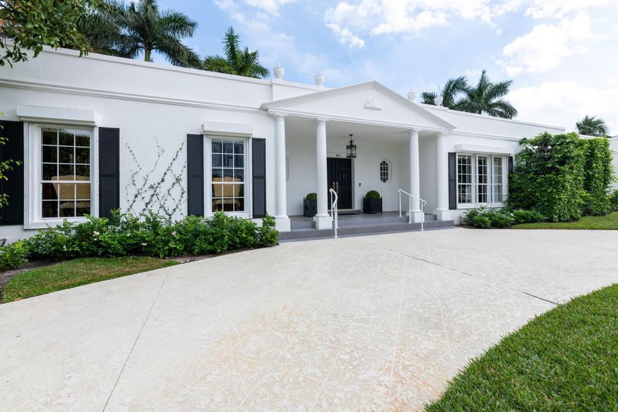 This elegant 4BR/4.5BTH residence has classical details and is signature of the Palm Beach Regency style so coveted by many and designed by noted architect Ames Bennett.  Among its many features, this home has beautifully scaled rooms and high ceilings, hard wood and marble floors. The home was extensively renovated in 2020 with no detail or expense overlooked. The renovation included the replacement of the complete electrical and plumbing systems; the installation of new dual zone A/C systems; a new kitchen with custom cabinetry, top-of the line appliances and quartz countertops; new bathrooms with custom cabinetry, natural stones and Waterworks fixtures; new hurricane sliders, as well as a whole house generator.  The home also features a 2-car a garage, an awning covered patio and soon To be sold As Is. All sizes approximate and subject to errors and verification.