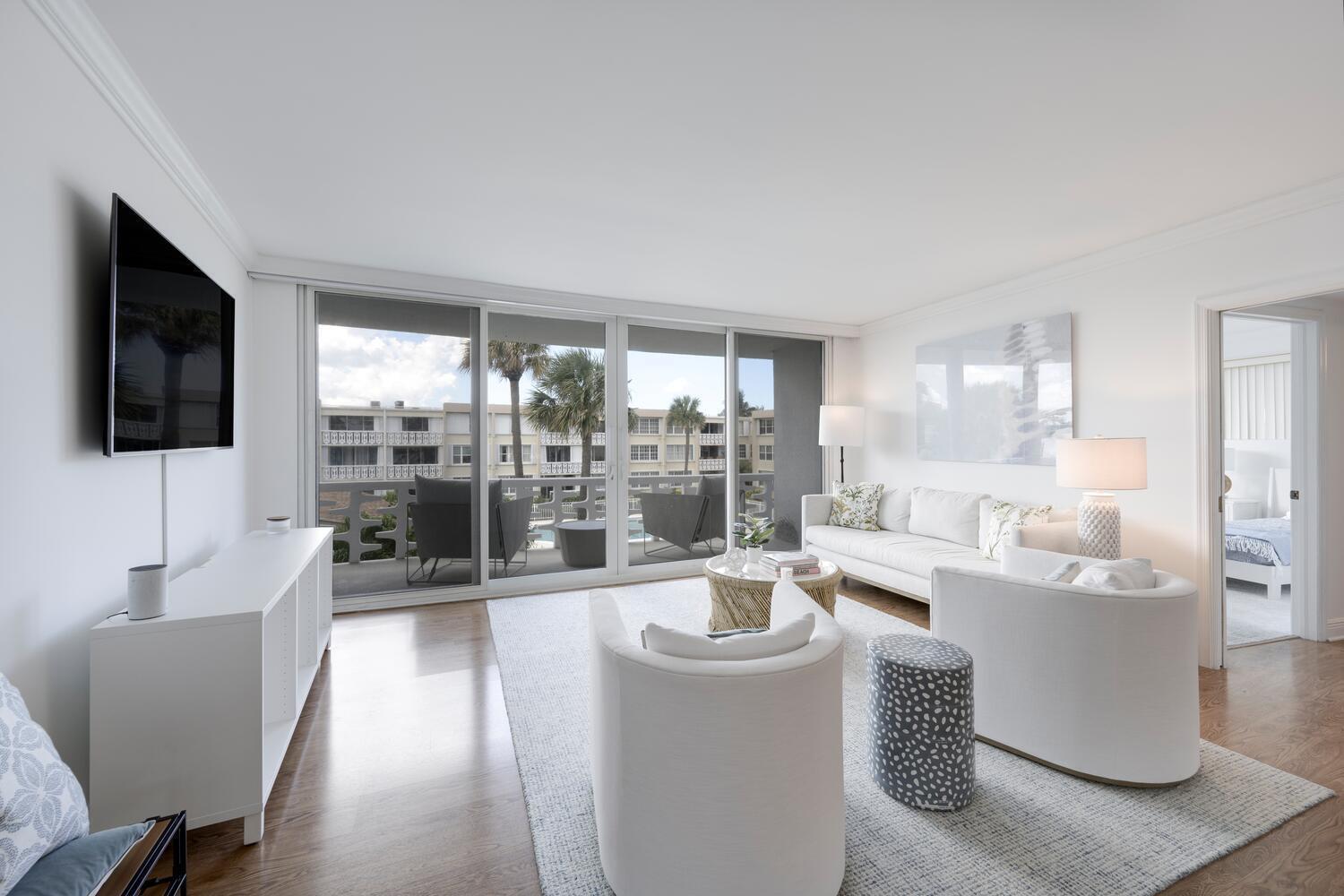 Wonderful seasonal rental available in the iconic Regency, across the street from The 4 Seasons Hotel! Two bedrooms-two bathrooms, with oversized closets, recently decorated with Serena and Lily furniture, also includes use of a poolside cabana with a full bathroom. The expansive and beautiful pool patio has a resort feel- with a barbeque grilling area. Waterviews and all new hurricane impact doors open to a large, private patio. The building has a fitness center, a party room, on site management and deeded beach access. Close to shopping, grocery stores, restaurants and a wide walking path on South Ocean Boulevard. Flexible rental dates and easy to show.