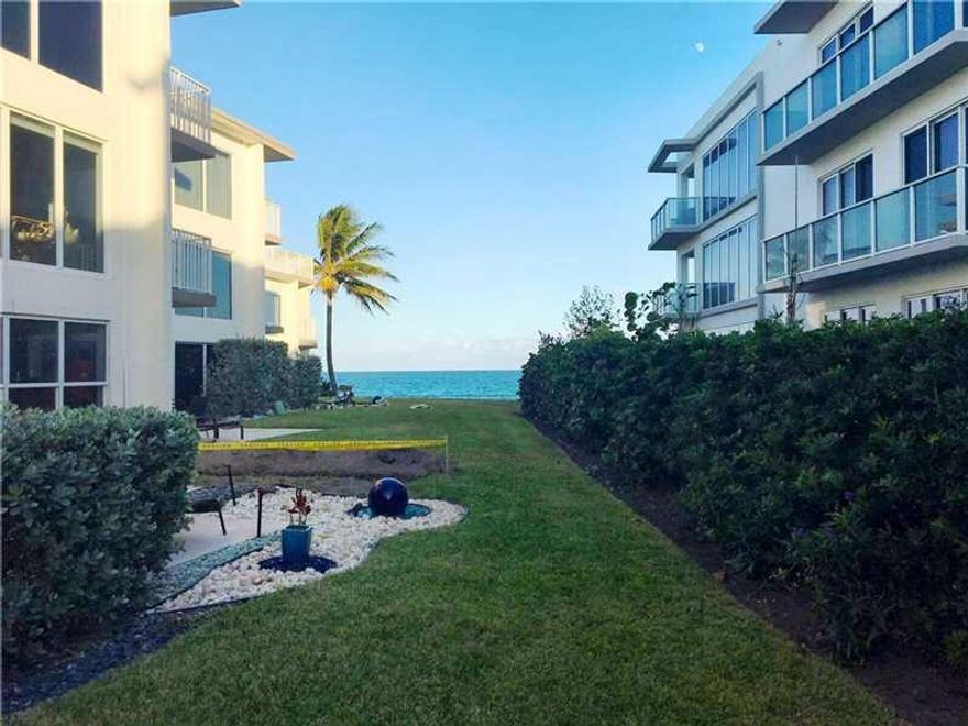 Direct ocean views from ground floor Patio Unit. Unique, well maintained, Beach Club Atmosphere Community along prestigious Millionaire Mile offers best of Ocean and Intracoastal lifestyles. Enjoy the Private Beach and Patio or the ICW side of A1A with new Boat Docks and seating to watch Yachts cruise by day and night. Beach walk South to the Lighthouse to see Beachfront Mansions, or North one mile to the Prestigious DFB Pier Entertainment District. Beautifully Updated, open and bright with French Chiseled Marble floors. Contemporary kitchen w/wood ceiling & cabinets; granite countertops and SS appliances. MOVE-IN REMODELLED and READY to fulfill a Boater’s Dream with an Oceanfront Patio View. Optional, private, 30'Boat Slip with lift just steps away. Wheelchair Shower. W/D in Unit.