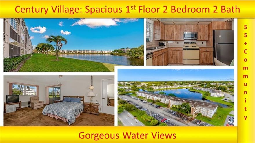 Amazing Find! Largest Unit Available In Century Village, Model (THE EXECUTIVE). 1ST FLOOR 2 BEDROOM 2 BATH WITH OVER 1300+- sqft. Split Bedroom Floor Plan. This Unit Is A Must See. Enjoy Resort Style Living At Its Finest With GORGEOUS PANORAMIC VIEWS OF THE WATER Right From The Screened Enclosed Patio! This Unit Boasts Large Walk-In Closets In All The Bedrooms. Oversized Master Suite With Sitting Area. Master Bath Has Dual Sinks & Standup Shower. Formal Dining & Living Areas. Take Advantage Of Century Village's Many Great Amenities Including Fitness Center FITNESS CENTER, COMMUNITY POOL SAUNA, CAFE, THEATER, TENNIS COURTS & MUCH MUCH MORE! THIS IS A MUST SEE! TAKE YOUR VIRTUAL 360 TOUR NOW BY CLICKING THE VIRTUAL TOUR BUTTON!