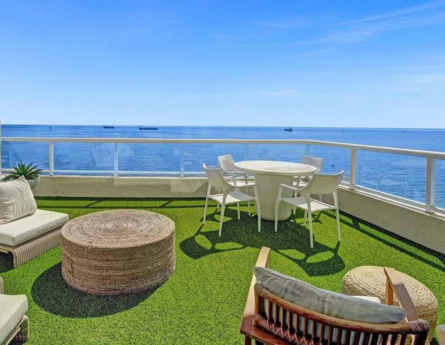 RITZ CARLTON PRIVATE DIRECT OCEANFRONT CORNER SOUTHEAST TERRACE RESIDENCE LOCATED ATOP OF THE RESORT WITH PRIVATE LOBBY. Fort Lauderdale Beach.  This Private Residence has undergone a lavish transformation curated by a world-renowned international designer. Every corner exudes the unmistakable essence of Ritz Carlton luxury, offering a rare & unparalleled living experience where calm sophistication meets the sea. 2 self or valet parking spaces. The den offers flexible use as office or 3rd bedroom. 2 terraces are finished with faux grass with stunning Atlantic Ocean views due East & South. The sea is the star of the show from each bedroom, kitchen and living area.