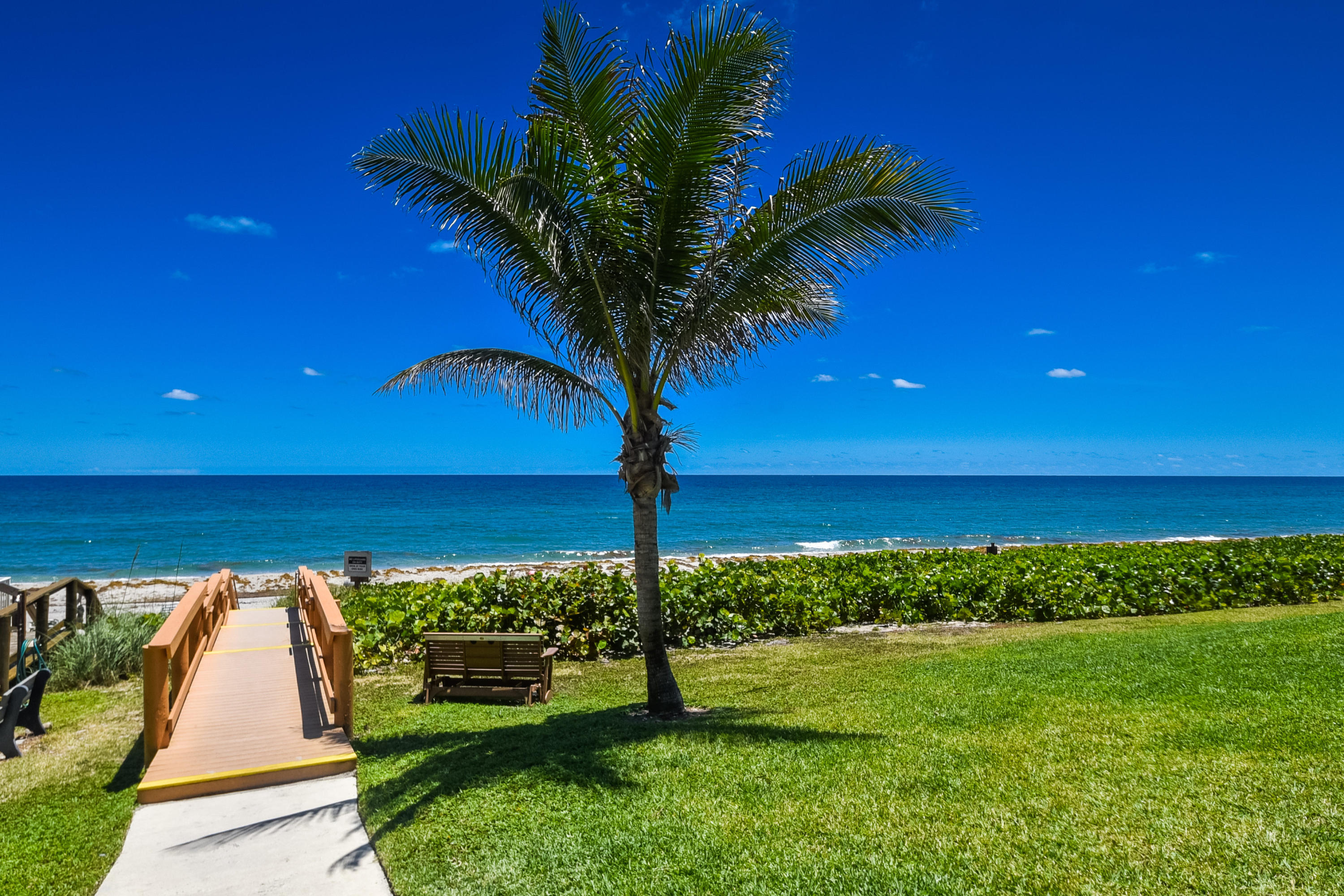 Enjoy the beach, surf and sun in this boutique ''on the sand'' residence in wonderful Highland Beach. Three bedrooms, 2.5 bath 1,850 sq. ft., side ocean view and southwest exposure. The condo features a ''sun all day'' south facing pool, exercise room and very friendly staff, with concierge desk. New A/C, updated kitchen and baths. Huge master bedroom with dressing room and bath. Unit has one underground parking spot. Building is final stage of completing its restoration work. One pet under 20 lbs. is permitted. Close to both downtown Delray Beach and Boca Raton's restaurants, shops, music, theater and the arts.