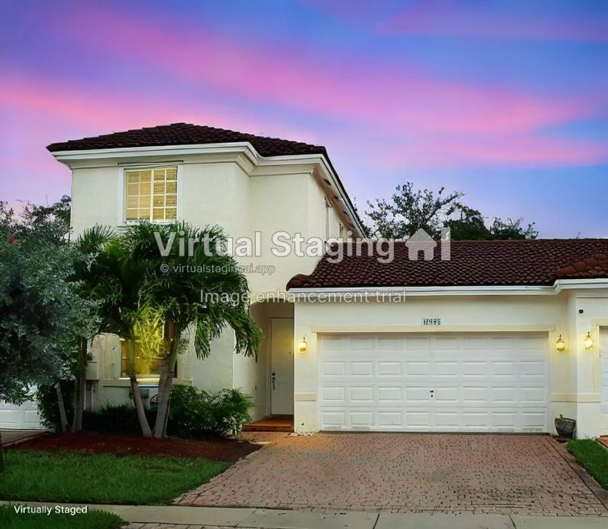 SELLER IS MOTIVATED!  Tenant has moved out.  Highly sought after gated community of Grand Key at Sunset Lakes.  3 bedroom and 3 full baths with a 2 car garage.   One bedroom and full bath downstairs and primary suite and a 2nd ensuite upstairs.  Some photos have been virtually enhanced.  Seller plans to paint and replace flooring but it could be a good opportunity to make an offer and renovate to your taste!  Investor friendly.  Enjoy the Grand Key community pool and tot lot and you also have access to the resort style amenities of Sunset Lakes with a lakefront picnic area, swimming pool, children's pool, fully equipped gym, tennis, basketball courts, volleyball courts, the list goes on!  Minutes from desirable public schools and charter schools.