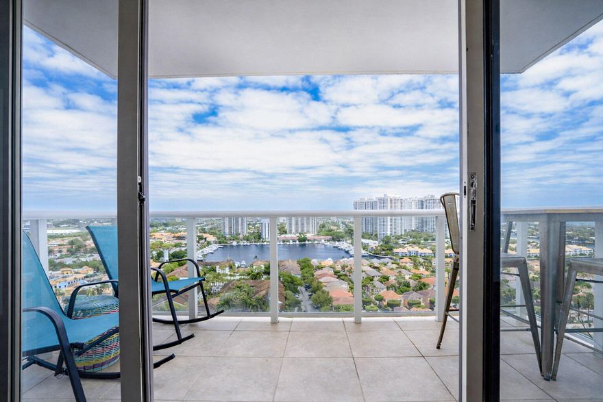 Enjoy elevated living from this 24th-floor 2BD/2BA in the heart of Aventura. Bright living area opens to a private balcony with stunning, unobstructed intracoastal and skyline views. Natural light fills the space, creating a clean and inviting feel throughout.  Split-bedroom layout offers comfort and privacy with a flow from entry through living areas and into each bedroom. Located in a secure, amenity-rich building featuring fitness center, sauna, billiard room, library, and more. Prime location from Aventura Mall. Available furnished!
