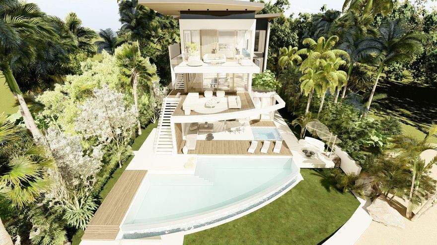 This organic modern jewel on a walled and gated lot along Billionaire's Beach takes privacy, security and world-class amenities to a whole new level. Three of them, in fact. The ultimate beach house (now under construction and slated for completion in the spring of 2026), new Villa Tropezina is being masterfully developed by Sabal Development and artfully crafted by Sabal Luxury Builders, both under the direction of Pascal Nicolai. It was beautifully designed by Togu Architecture. Ensconced on a lush linear sloping lot that extends from a pristine Atlantic Ocean Beach to a secluded Intracoastal inlet, this fluid, light-infused, three-story smarthouse juxtaposes organic finishes and creamy natural tones with modern design to create a zen-like serenity.