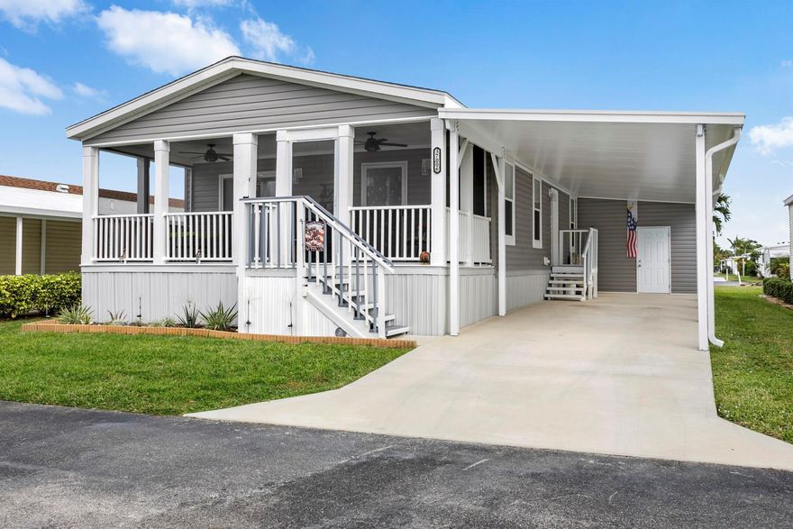 BRAND NEW 2024 Furnished Home in desirable 55+ Community. NO LAND LEASE. Low monthly fee.  24 Hour Manned Gated community with Heated Pools, Active Clubhouse, Library, Billiards, Bingo, Shuffleboard, Pickleball and more. Everything in this home less than 2 years old. Come and enjoy your screened Front Porch with picturesque views of the South Florida sunsets. Home features Kitchen with White Cabinets, Large Pantry, SS Appliances.  Vinyl Flooring throughout. Dual Pane windows with drop down for easy cleaning, Open floor plan with plenty of natural lighting. Master Bedroom has walk in closet, Master Bathroom has dual sinks and step shower for easy access. Spacious Guest Bedroom and Guest Bathroom has step shower. Home is offered Completely furnished.  New water Filtration system installed.