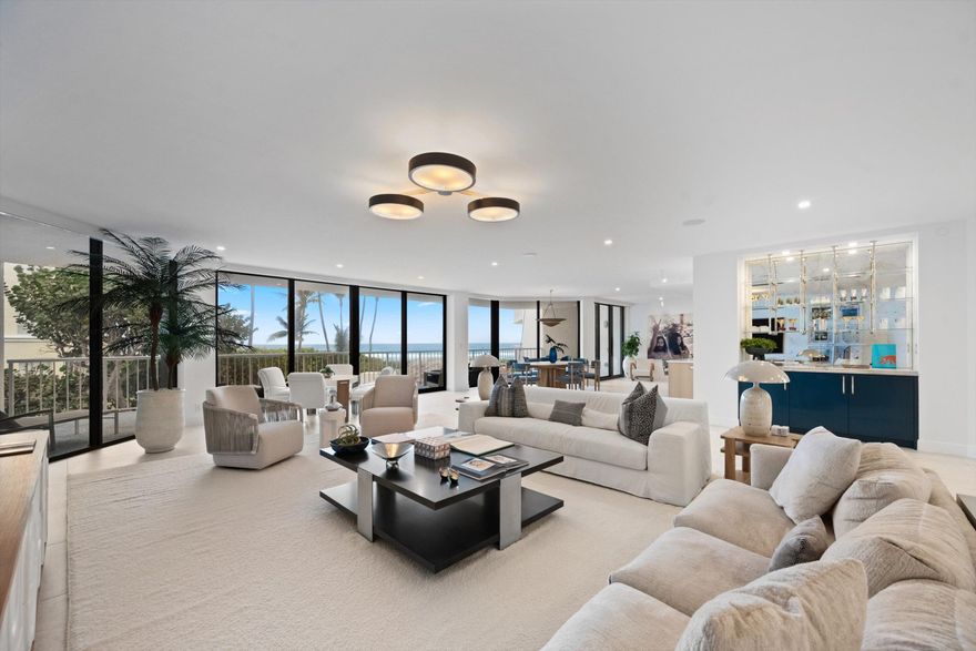 Completely reimagined by renowned designer Helen Bergin, this 5,000+ sq. ft. residence is finished to the highest standards and set within Palm Beach's most prestigious south-end building. A private elevator opens directly into the home, unveiling sweeping ocean views, soaring ceilings, and an expansive open floor plan ideal for both grand entertaining and everyday living. 

The 4-bedroom residence, including a den/office for added flexibility, features a chef's kitchen, a luxurious primary suite with dual walk-in closets and a spa-like bath. Another highlight is the private, air-conditioned beach cabana, complete with its own bath and kitchenette.
