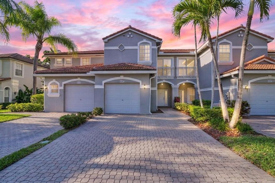 Give me 30 seconds and you'll know why this is a slam-dunk deal! First showings start Saturday, May 9th. This light-filled townhouse with lofty ceilings in the gated and family-friendly community of Mizner Pointe (A-rated schools) checks every box: new roof, AC, water heater, plus partial impact windows. Find an oversized primary bedroom upstairs with a gorgeous Juliet Balcony, while downstairs opens into a massive living space - perfect for entertaining, relaxing, or imagining you're on HGTV. Outside? A cute private patio ready for BBQs, cocktails, and your tropical hang-out. One car garage + large drive-way. Tile downstairs, luxury vinyl upstairs, and priced below waaaaaay appraised value! Take advantage of our interior design plans (i.e. 2 kitchen plans) for a plug and play upgrade!